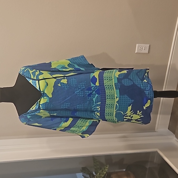 NWT Hale Bob | Blue & Green Print Silk Mid Length Dress with sleeves | La… - Picture 10 of 11
